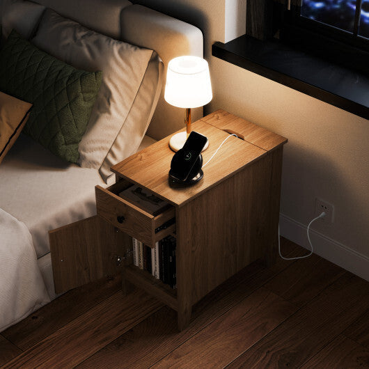 Flip Top End Table with Charging Station USB Ports Outlets and Drawer-White W2B