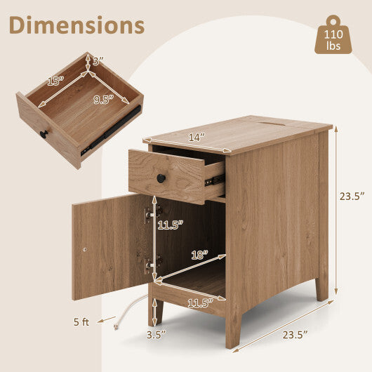 Flip Top End Table with Charging Station USB Ports Outlets and Drawer-White W2B