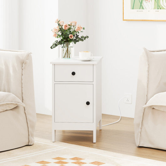 Flip Top End Table with Charging Station USB Ports Outlets and Drawer-White W2B