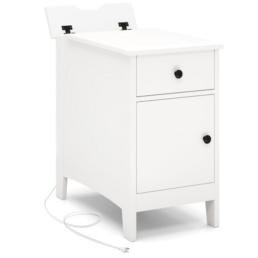 Flip Top End Table with Charging Station USB Ports Outlets and Drawer-White W2B