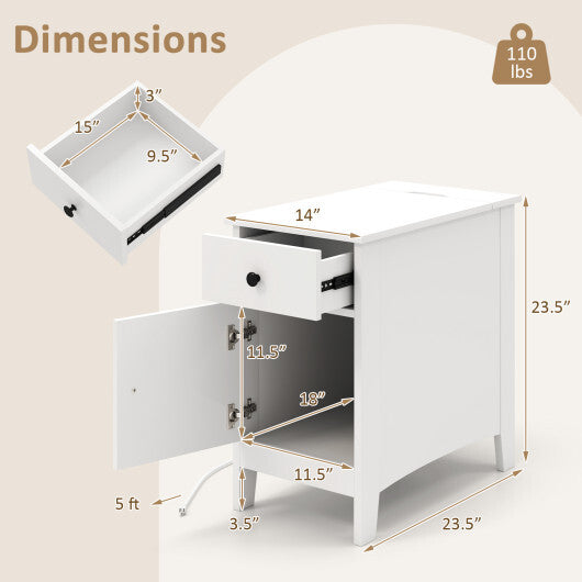 Flip Top End Table with Charging Station USB Ports Outlets and Drawer-White W2B