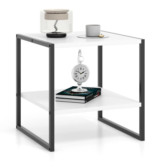 2-Tier Square End Table with Storage Shelf Reversible Design-White