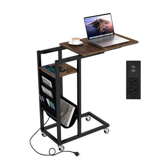 C-shaped End Table with Charging Station and Retractable Tabletop-Coffee W2B