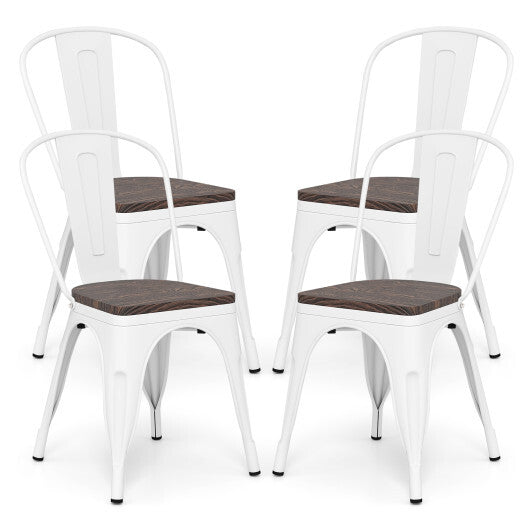 Metal Dining Chairs Set of 4 Stackable Kitchen Side Chairs with Wood Seat and Detachable High Backrest-White