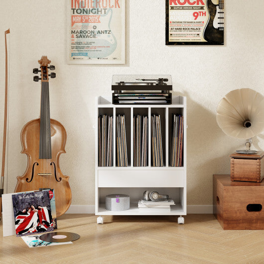 Record Rolling Turntable Player Stand with Drawer-White