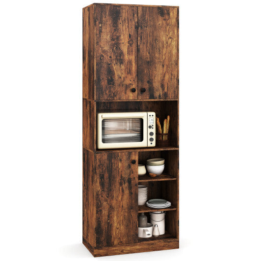 Kitchen Pantry Storage Cabinet with Microwave Stand and Open Shelves-Rustic Brown