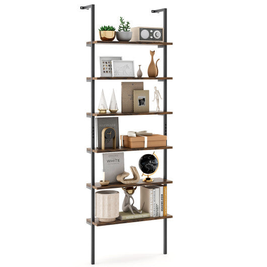 6-tier Ladder Shelf 72 Inches Industrial Wall Mounted Bookshelf-Rustic Brown W2B