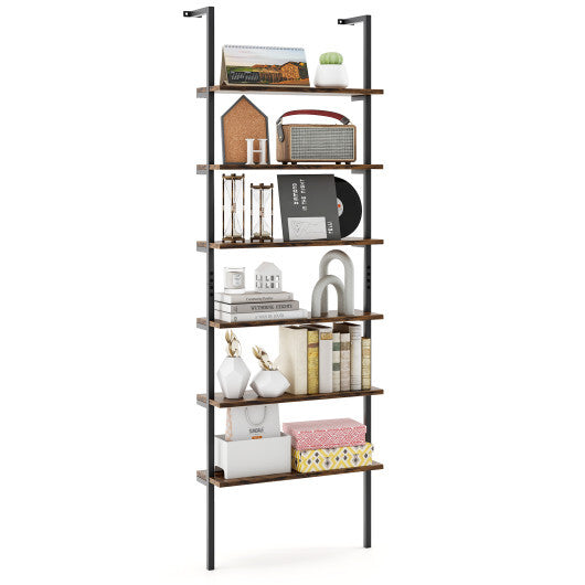 6-tier Ladder Shelf 72 Inches Industrial Wall Mounted Bookshelf-Rustic Brown W2B