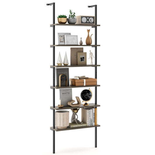 6-tier Ladder Shelf 72 Inches Industrial Wall Mounted Bookshelf-Rustic Brown W2B