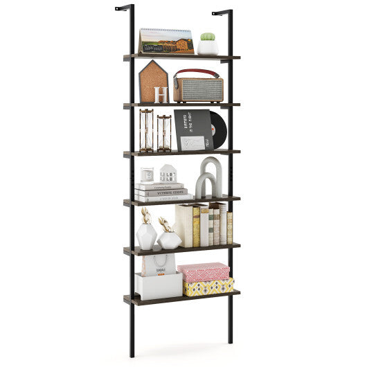 6-tier Ladder Shelf 72 Inches Industrial Wall Mounted Bookshelf-Rustic Brown W2B