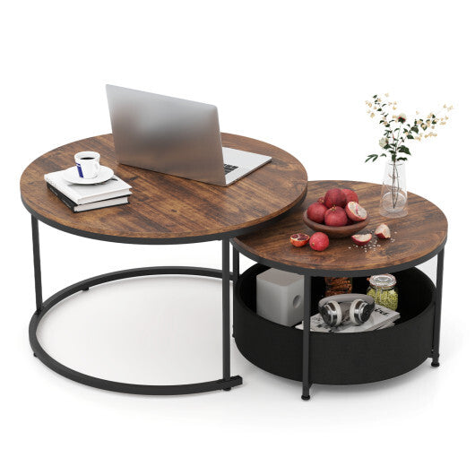 Round Coffee Table Set of 2 Circle Cocktail Table with Storage Basket W2B