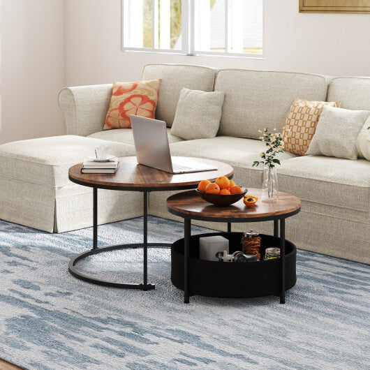 Round Coffee Table Set of 2 Circle Cocktail Table with Storage Basket W2B