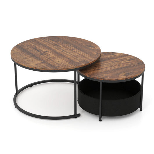Round Coffee Table Set of 2 Circle Cocktail Table with Storage Basket W2B