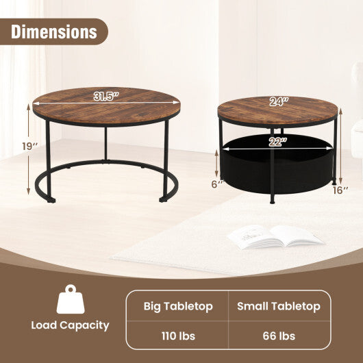 Round Coffee Table Set of 2 Circle Cocktail Table with Storage Basket W2B