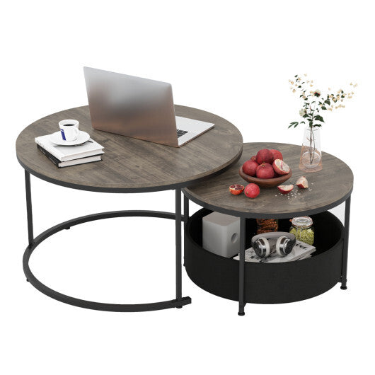 Round Coffee Table Set of 2 Circle Cocktail Table with Storage Basket W2B