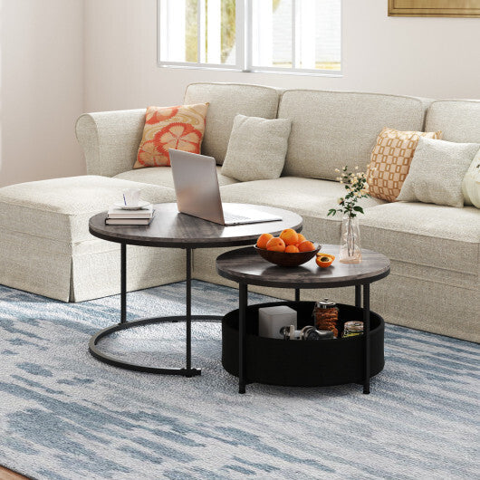 Round Coffee Table Set of 2 Circle Cocktail Table with Storage Basket W2B