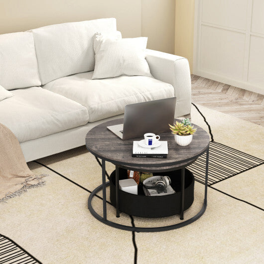 Round Coffee Table Set of 2 Circle Cocktail Table with Storage Basket W2B