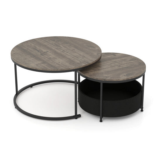 Round Coffee Table Set of 2 Circle Cocktail Table with Storage Basket W2B