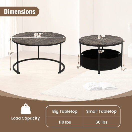 Round Coffee Table Set of 2 Circle Cocktail Table with Storage Basket W2B
