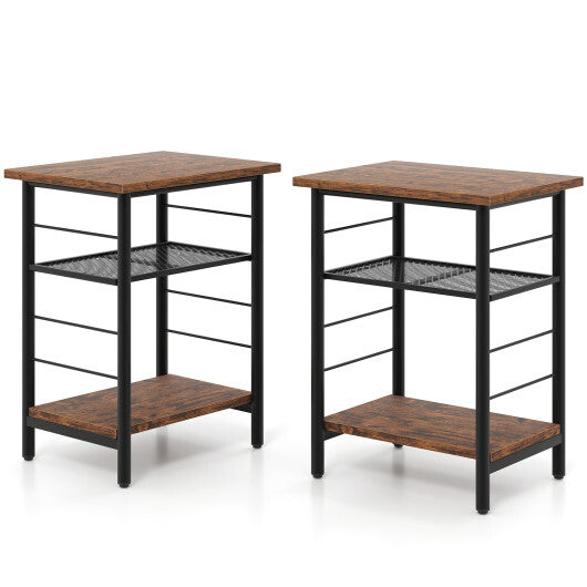 3-Tier End Table Set of 2 Side Table with Storage Shelves Metal Frame-Rustic Brown W2B