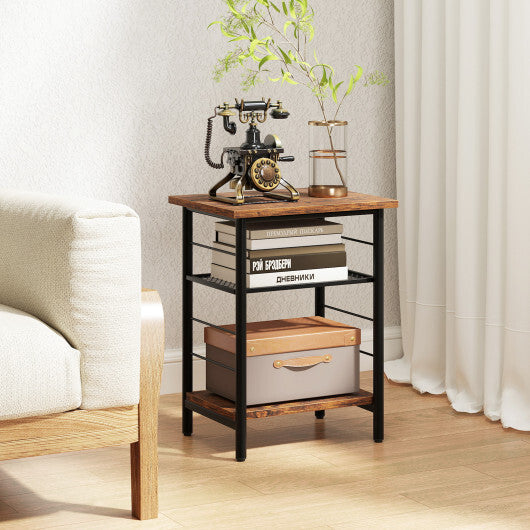 3-Tier End Table Set of 2 Side Table with Storage Shelves Metal Frame-Rustic Brown W2B