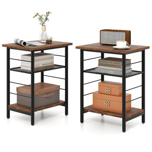 3-Tier End Table Set of 2 Side Table with Storage Shelves Metal Frame-Rustic Brown W2B