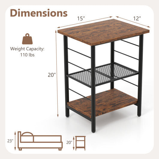 3-Tier End Table Set of 2 Side Table with Storage Shelves Metal Frame-Rustic Brown W2B