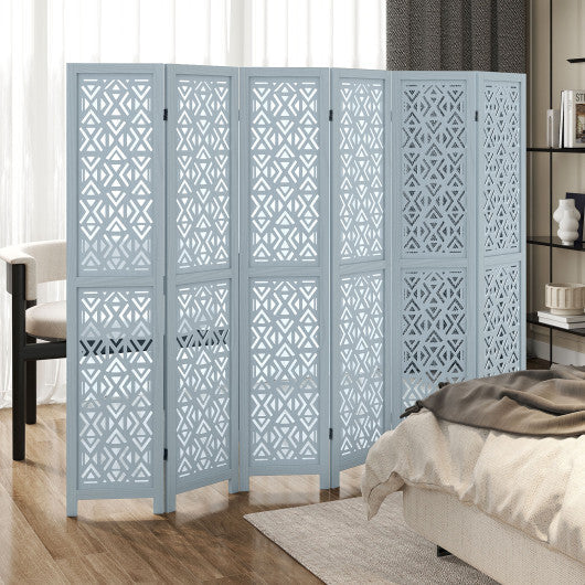 4/6 Panel Wooden Room Divider with Carved Cutout Pattern and Solid Wood Frame-6 Panel W2B
