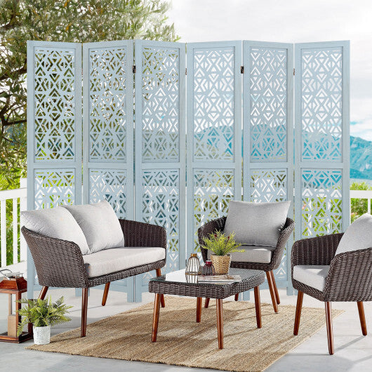 4/6 Panel Wooden Room Divider with Carved Cutout Pattern and Solid Wood Frame-6 Panel W2B