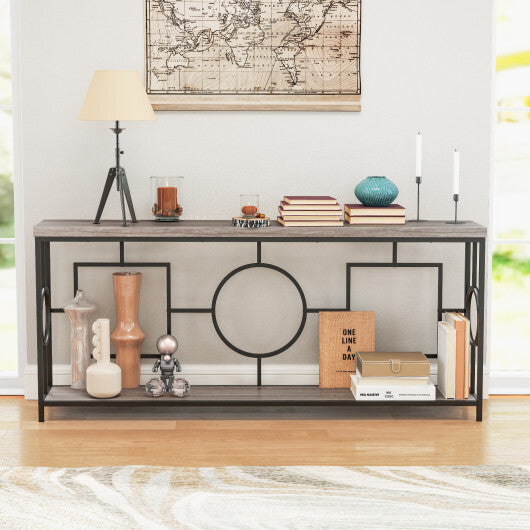 2-Tier Faux Marble Top Console Table with Storage Shelf for Hallway-Rustic Brown W2B