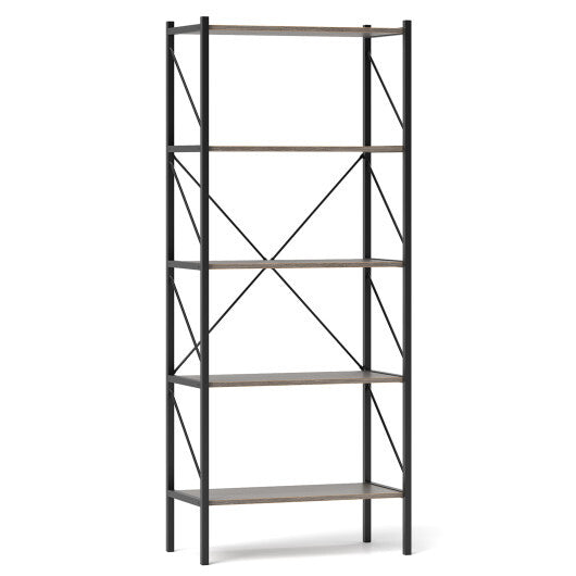 5-Tier Bookshelf with Open Shelves and Heavy Duty Metal Frame-Rustic Brown