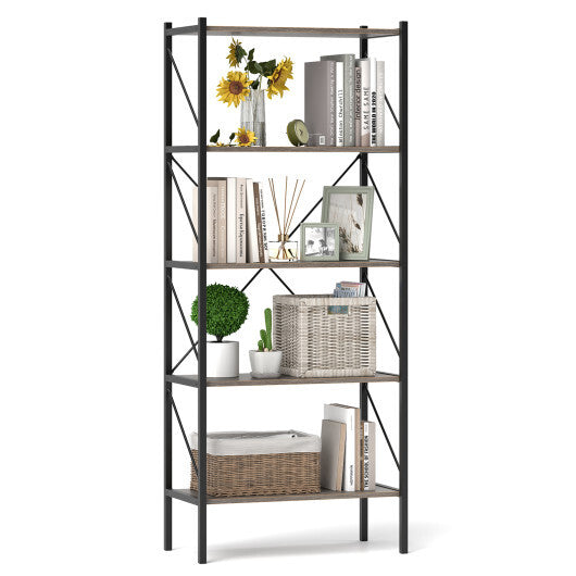 5-Tier Bookshelf with Open Shelves and Heavy Duty Metal Frame-Rustic Brown