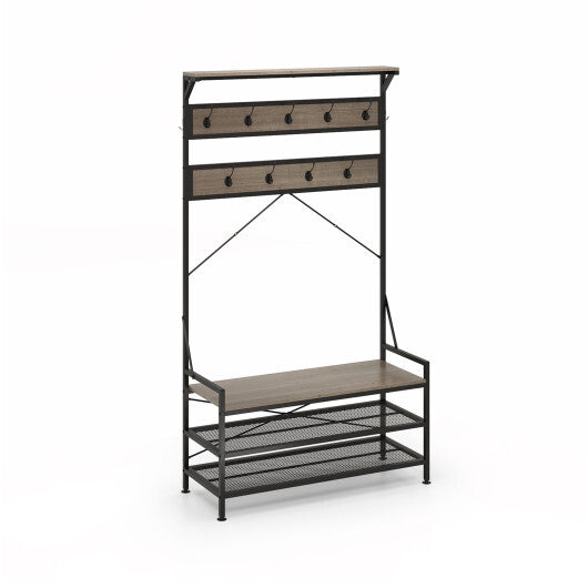 Coat Rack 4-In-1 Hall Tree with 11 Hanging Hooks Shoe Bench-Gray