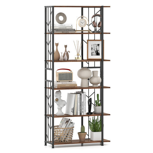 6-Tier Bookshelf Modern Geometric Bookcase with Heavy-duty Metal Frame and Anti-tipping Kits-Rustic Brown