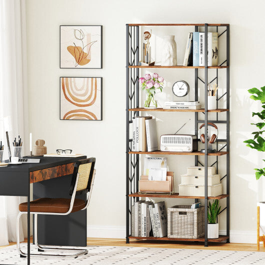 6-Tier Bookshelf Modern Geometric Bookcase with Heavy-duty Metal Frame and Anti-tipping Kits-Rustic Brown