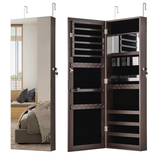43.5 Inch Jewelry Mirror Cabinet with Full-length Mirror and Adjustable Hangers-Rustic Brown W2B
