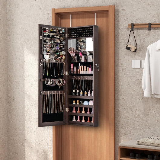 43.5 Inch Jewelry Mirror Cabinet with Full-length Mirror and Adjustable Hangers-Rustic Brown W2B