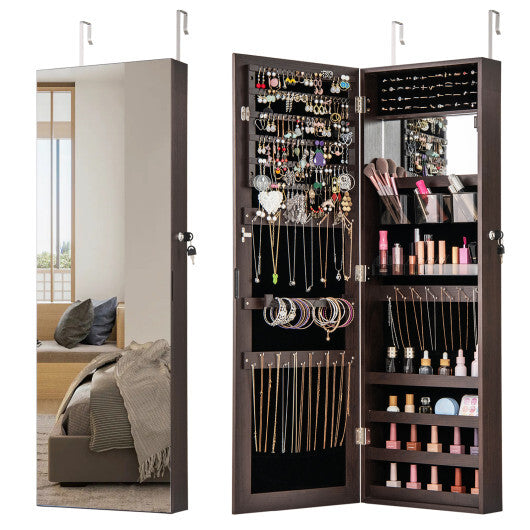 43.5 Inch Jewelry Mirror Cabinet with Full-length Mirror and Adjustable Hangers-Rustic Brown W2B