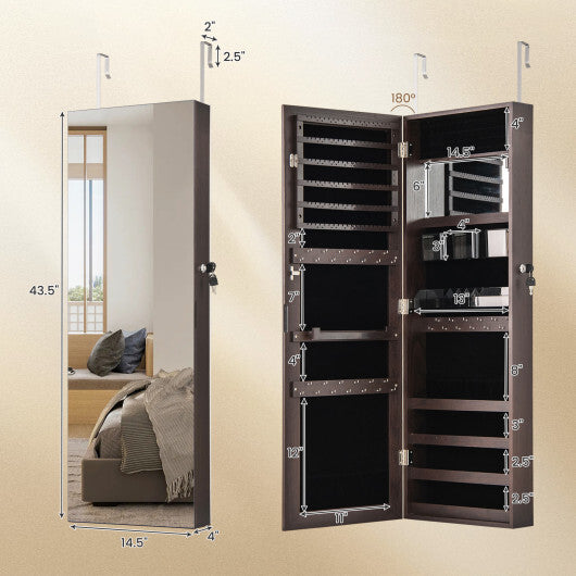 43.5 Inch Jewelry Mirror Cabinet with Full-length Mirror and Adjustable Hangers-Rustic Brown W2B