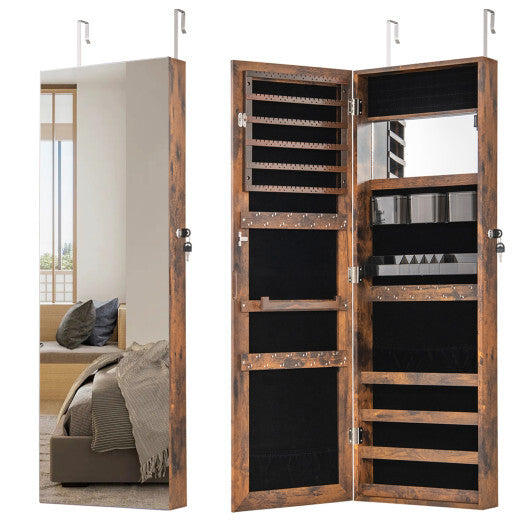 43.5 Inch Jewelry Mirror Cabinet with Full-length Mirror and Adjustable Hangers-Rustic Brown W2B
