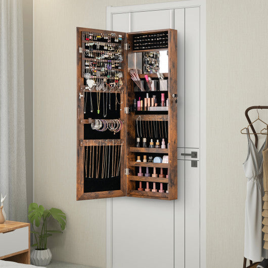 43.5 Inch Jewelry Mirror Cabinet with Full-length Mirror and Adjustable Hangers-Rustic Brown W2B