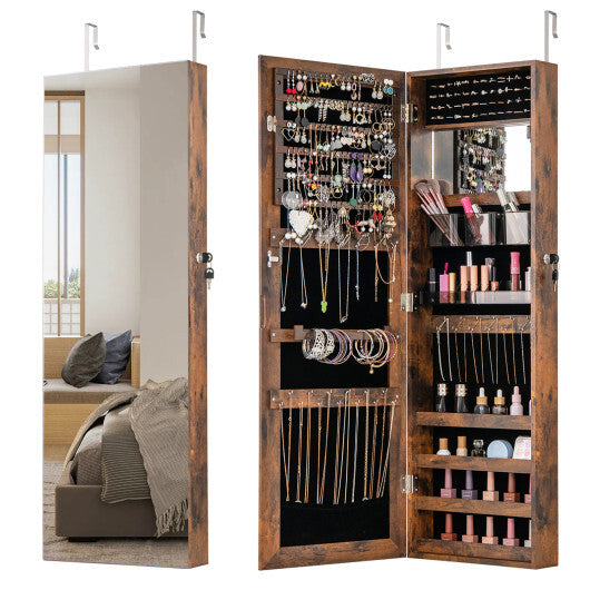 43.5 Inch Jewelry Mirror Cabinet with Full-length Mirror and Adjustable Hangers-Rustic Brown W2B