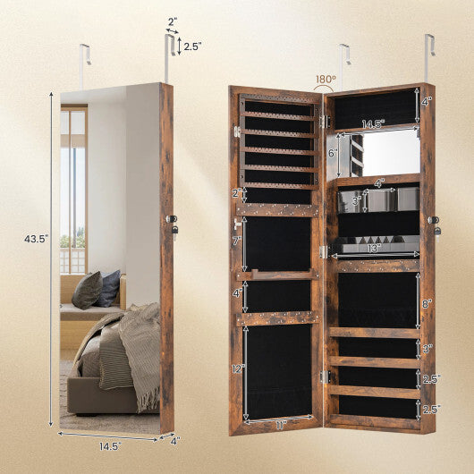 43.5 Inch Jewelry Mirror Cabinet with Full-length Mirror and Adjustable Hangers-Rustic Brown W2B