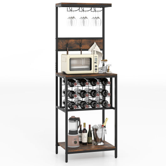 Freestanding Wine Rack Floor Wine Bar Cabinet with Glass Racks-Rustic Brown