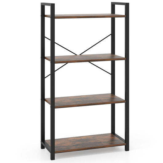 4-Tier Bookshelf with Heavy Duty Metal Frame Industrial Display Shelf-Rustic Brown W2B