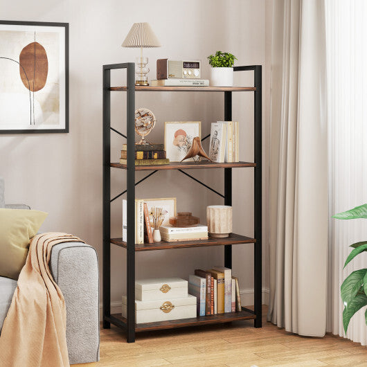 4-Tier Bookshelf with Heavy Duty Metal Frame Industrial Display Shelf-Rustic Brown W2B