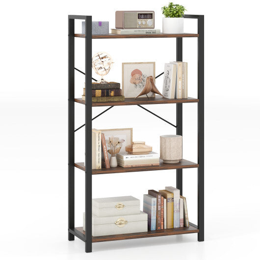 4-Tier Bookshelf with Heavy Duty Metal Frame Industrial Display Shelf-Rustic Brown W2B