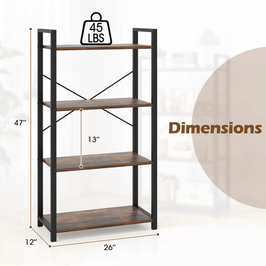 4-Tier Bookshelf with Heavy Duty Metal Frame Industrial Display Shelf-Rustic Brown W2B