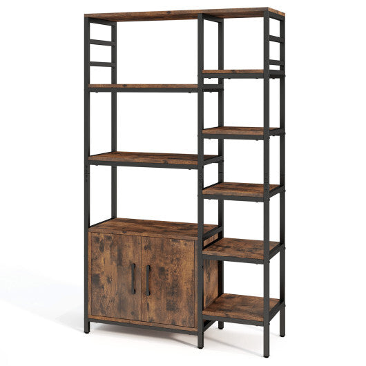 Double Wide 8-Tier Bookshelf with 2-Door Cabinet for Living Room Home Office-Rustic Brown