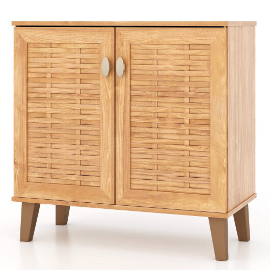 2-Door 4-Tier Shoe Cabinet Storage Organizer with Ventilated Woven Doors-Teak W2B